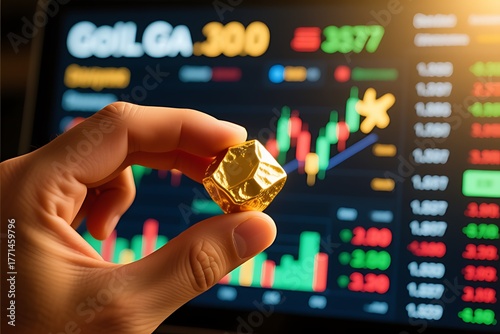 Hand holding a gold nugget in front of a glowing screen with real-time gold price data and bullish market indicators.