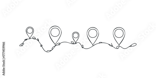 Line drawing of journey with map pins and winding path