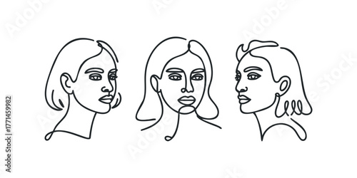 Abstract line art portraits of three women heads
