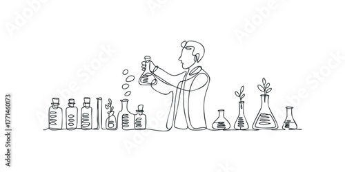 Scientist examining flasks in laboratory setting