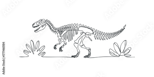 Dinosaur skeleton outline with prehistoric flora