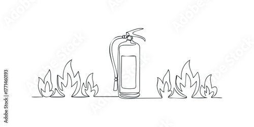 Fire extinguisher and flames continuous line drawing