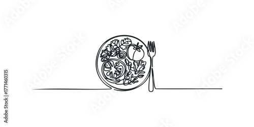 Continuous Line Art of Fork and Salad Plate