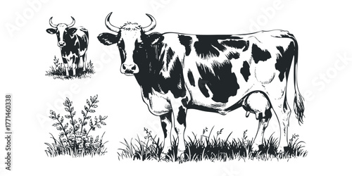 Line art drawing of a spotted cow and calf in grass