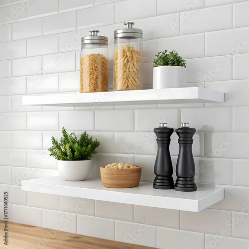 Two white floating shelves mounted on a white subway tile wall, displaying kitchen pantry items like pasta jars, a small plant, and salt and pepper grinders