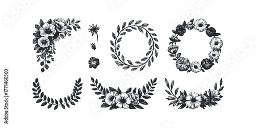 Floral Wreath and Botanical Flourish Clip Art Set