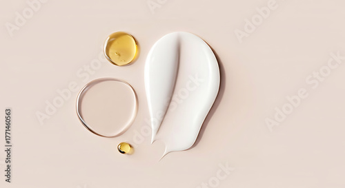 Luxurious white cream swatch with golden oil drops and clear serum droplets on a soft beige background