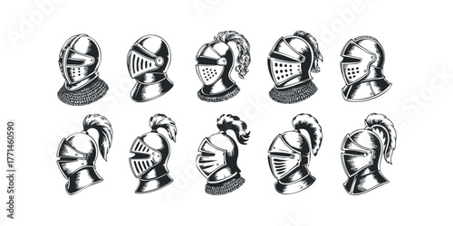 Collection of Medieval Knight Helmets with Plumes