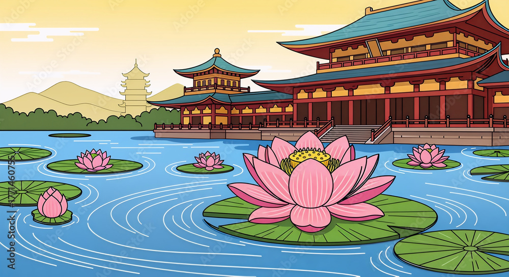 Fototapeta premium Buddhist Temple and Lotus Flower Flat Vector