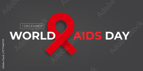 World AIDS DAY 1 december banner with red ribbon. World HIV awareness day starts in 1 December. Red ribbon with text isolated on grey background. World AIDS Day poster
