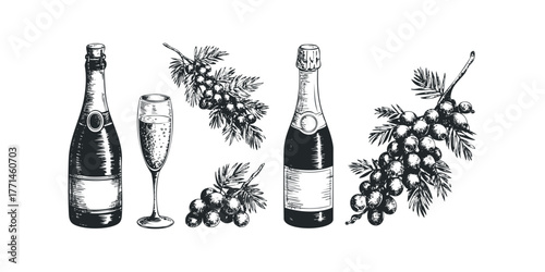 Sparkling wine bottle and champagne flute with grapes