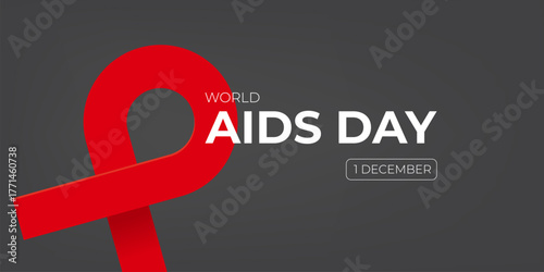 World AIDS DAY 1 december banner with red ribbon. World HIV awareness day starts in 1 December. Red ribbon with text isolated on grey background. World AIDS Day poster
