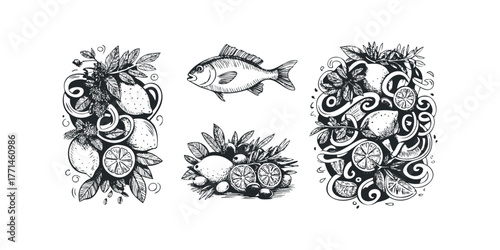 Hand drawn fish and citrus fruit arrangement