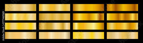 Elegant gold swatch collection with shiny plate texture. Metallic tones and smooth gold gradient create a luxurious gradient plate design.