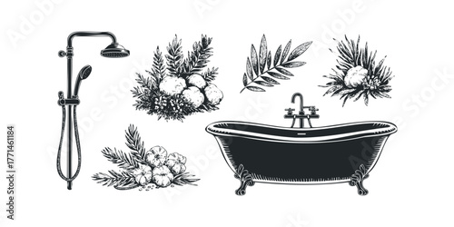 Antique clawfoot bathtub and shower fixture with botanical elements