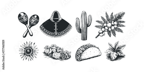 Fiesta elements including taco, maracas, cactus, and poncho