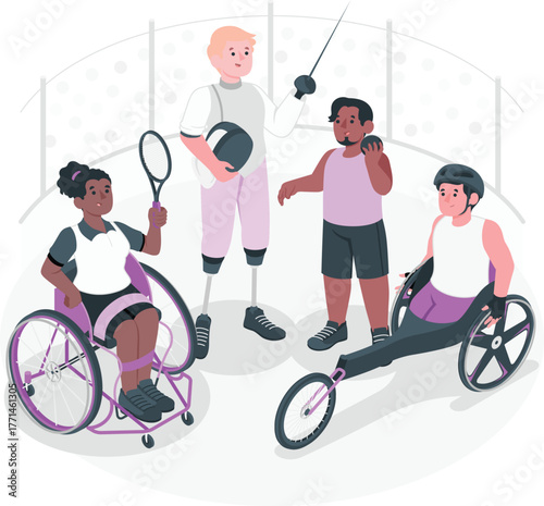 Diverse athletes in wheelchairs and with prosthetics participating in sports disabled athletes