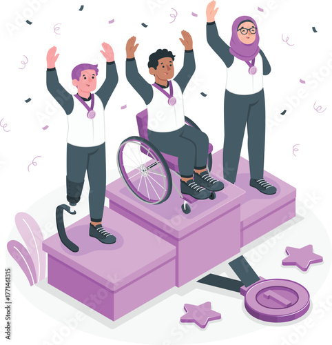 Diverse athletes celebrate victory on a podium with medals and confetti celebration