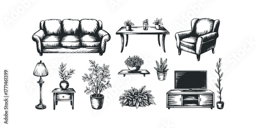 Living room furniture and plants set