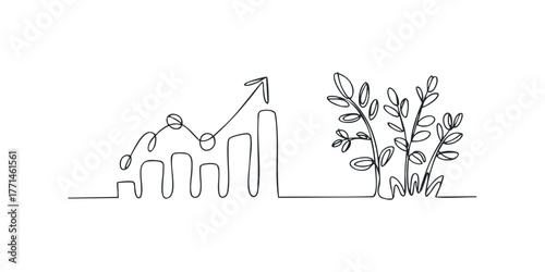 Minimalist line drawing of growing plant and upward trending graph