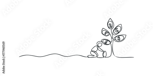 Figure cultivating a money tree with dollar sign leaves