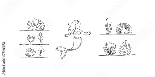 Single Line Drawing of Mermaid Among Ocean Flora