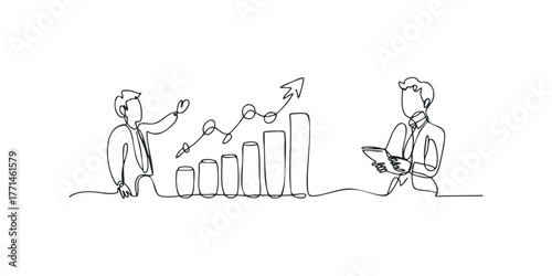 Two men in suits reviewing financial chart growth and data