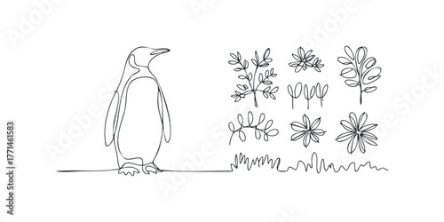 Minimalist single line drawing of a penguin and botanical elements
