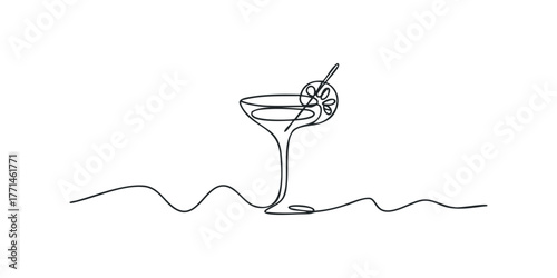 Single line drawing of a cocktail with citrus garnish