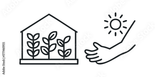 Greenhouse with plants and a hand reaching towards the sun