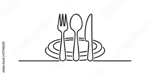 Line drawing of cutlery and plate on white background