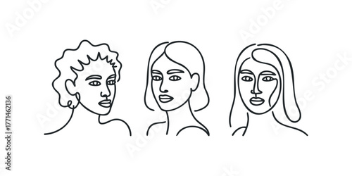 Three woman faces abstract line drawing