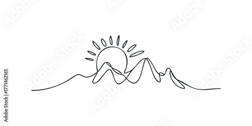 Continuous line drawing of sun rising over mountains