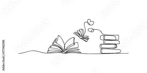 Continuous line drawing of an open book with pages fanning out and a stack of books