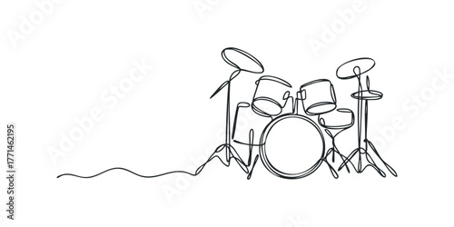 Continuous line drawing of a drum kit