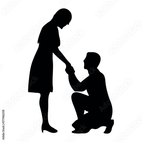 Marriage Proposal Silhouette with Man on Knee and Woman Holding Hands