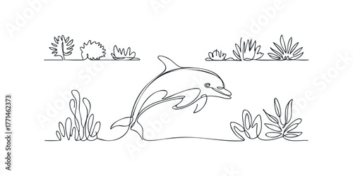 Minimalist dolphin jumping amidst aquatic plants