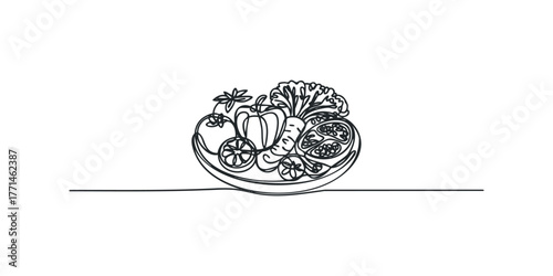 Continuous line drawing of fresh fruit and vegetable assortment on plate