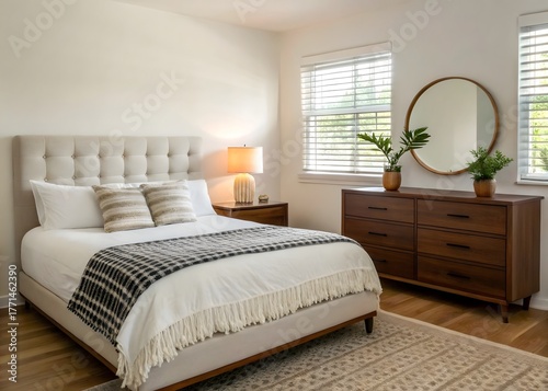 Charming bedroom with a tufted headboard, patterned throw blanket, and a round mirror above a wooden dresser
