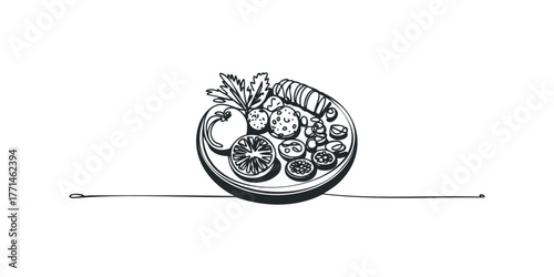Hand Drawn Plate With Fresh Food Arrangement