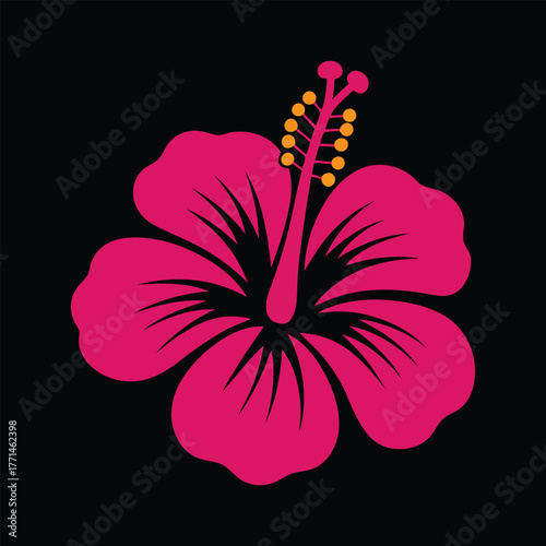 Vibrant pink hibiscus flower with yellow stamen on a black background