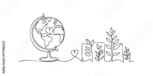 Single Line Drawing of Globe with Growing Plants and Heart