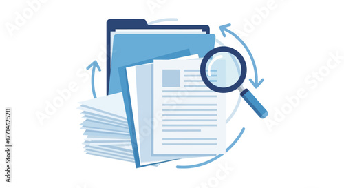 Document search and analysis with magnifying glass and folders.