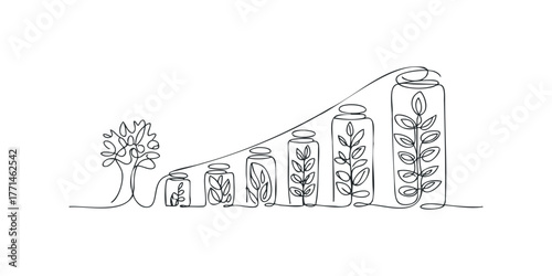 Single line drawing of growth in jars and a tree