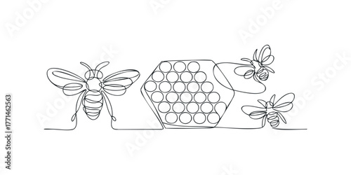 Line art swarm of bees near honeycomb