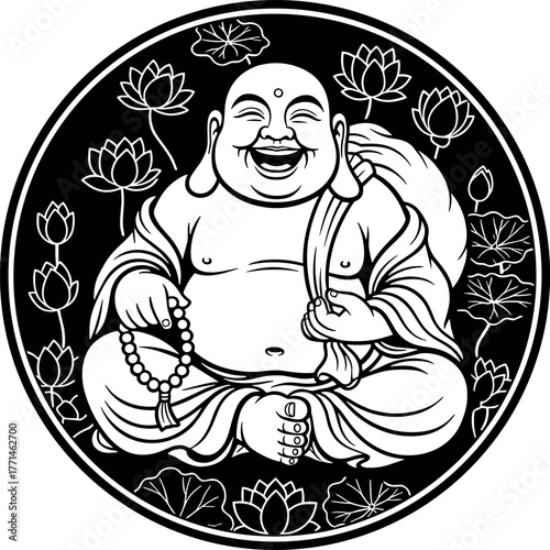 Laughing Buddha Hotei in lotus circle vector illustration silhouette cricut design