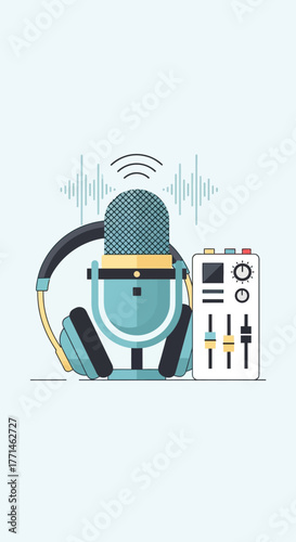 Podcast recording equipment with microphone and headphones.