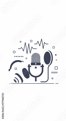 Podcast recording equipment illustration with sound waves.