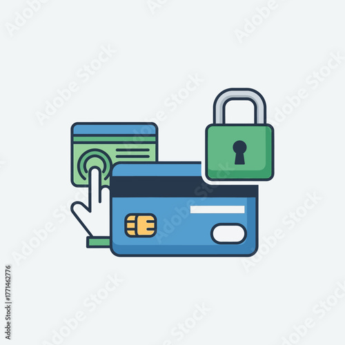 Secure online payment with credit card and padlock icon.