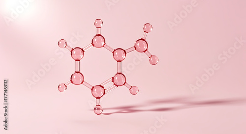 Fototapeta Naklejka Na Ścianę i Meble -  Abstract representation of a pink benzene molecule structure with a soft shadow on a light pink background